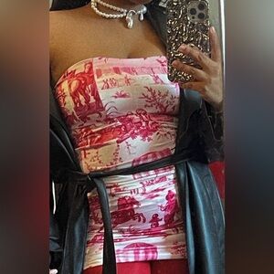 Red Mini Strapless Dress With Graphic Print